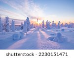 Winter wonderland in Finnish Lapland. Winter landscape from Riisitunturi National Park, Posio, Finland
