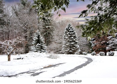 Winter Wonderland In New England. Tranquil And Beautiful Late Afternoon Wintery Scene In Littleton, Massachusetts.