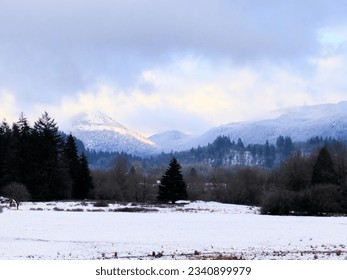 Winter wonderland overlooking fields, trees and distant mountains.