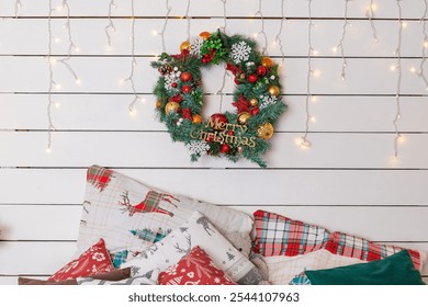 Winter Xmas Hygge home decor. Festive cozy bedroom in Skandinavian style with bed and colorful red pillows. Concept new year and holidays. Interior design bedroom. - Powered by Shutterstock