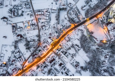 Winter In Zakopane. Snow Covered Town And Streets. Aerial Drone View.