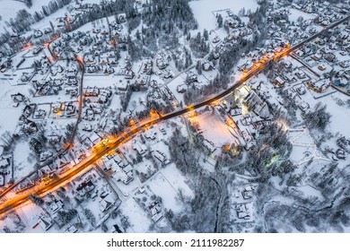 Winter In Zakopane. Snow Covered Town And Streets. Aerial Drone View.