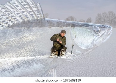 Winter zander fishing. Fisherman catching walleye fish on snowy ice at frozen lake on blurred pikeperch background. Soft focus