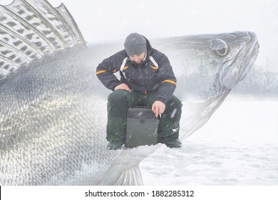 Winter Zander Fishing. Fisherman Catching Walleye Fish On Snowy Ice At Frozen Lake On Blurred Pikeperch Background. Soft Focus