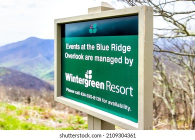 Wintergreen, USA - April 17, 2021: Spring Springtime Season At Virginia Ski Town In Blue Ridge Mountains With Sign For Overlook And Events Managed By The Resort