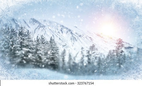 Wintry Scene Through Frozen Window. Christmas Background
