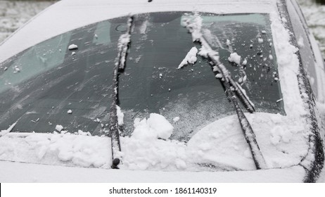 Wiper Blades Clean The Car's Windshield From Snow, Winter Snowstorm Icing Vehicle After Snowfall, Safe Winter Driving, Preparing For The Trip