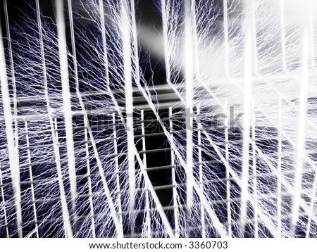 Wire background with smoke starting to flow between wires. Focus is in the middle of the space. Illustration of faraday cage with bolts touching the cage