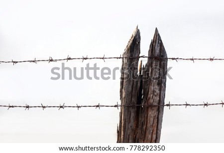 wire barebed fence with old wood on white background