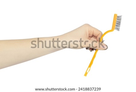 wire brushe in hand, outstretched hand with wire brushe, isolated from background