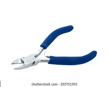 Wire cutter pliers with blue handles isolated on white background