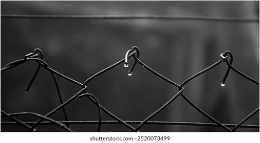 wire fence, water drops, close-up, contrast, texture, light reflections, black and white, - Powered by Shutterstock