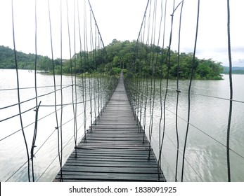 Wire Rope In Natural Park. Wooden Brigde Walk Way Go Straight.tree All Around Coast To Coast.a Water Lanscape 