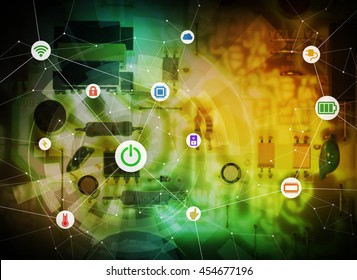 Wired Icons Of Various Electric Component Or Function And Background Of Electric Circuit Board, Abstract Image Visual