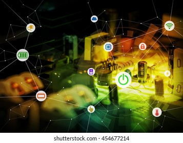 Wired Icons Of Various Electric Component Or Function And Background Of Electric Circuit Board Look Like Smart City, Abstract Image Visual