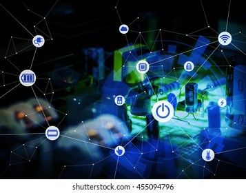 Wired Icons Of Various Electric Component Or Function And Background Of Electric Circuit Board Look Like Smart City, Abstract Image Visual