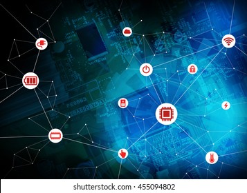 Wired Icons Of Various Electric Component Or Function And Background Of Electric Circuit Board, Abstract Image Visual