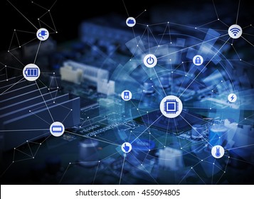 Wired Icons Of Various Electric Component Or Function And Background Of Electric Circuit Board, Abstract Image Visual