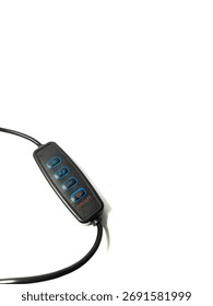 A wired USB remote control for an LED photography light, displayed on a white background with ample text space