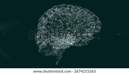 Wireframe brain model glowing in digital environment, with network nodes and connecting lines. Neural, innovation, technology, abstract, connectivity, data, science