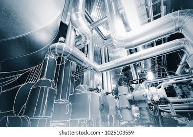 wireframe computer cad design of pipelines for modern industrial power plant