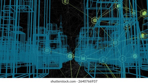 Wireframe cuboids connecting into digital void with yellow-green lines linking hexagonal data nodes. Futuristic, technology, innovation, data, cyber, digital, network