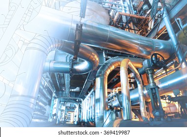 Wireframe Design Of Equipment, Cables And Piping As Found Inside Of A Modern Industrial Power Plant