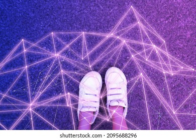 Wireframe With Feet Walking Away On Road. Selfie Foot Walking Shoes Top View. Futuristic Metaverse NFT Game Background Abstract Blue Pink Neon. 3D Future Modern Digital Technology Concept.