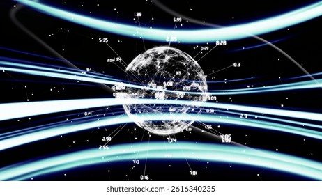 Wireframe globe is being shown in 3D with numbered nodes and neon beams conveying technology. Abstract, digital, futuristic, networking, technology, cyberspace, data visualization