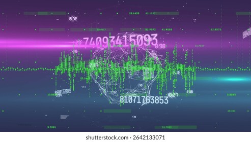 Wireframe sphere pulsing in simulation, with green wave, numbers, magenta streaks and cyan streaks. Technology, digital, futurism, innovation, cyber, interface, connectivity - Powered by Shutterstock - Get 15% off with code: PIKWIZARD15