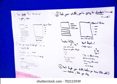 Wireframe Web Layout Sketch Paper On The Blue Wall - Mobile And Web