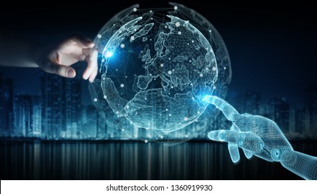 Wireframed robot hand and human hand touching digital world on dark background 3D rendering