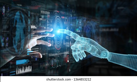 Wireframed robot hand and human hand touching digital graph interface on dark background 3D rendering
