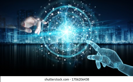 Wireframed robot hand and human hand touching digital sphere network on dark background 3D rendering