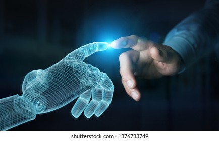 Wireframed Robot Hand Making Contact With Human Hand On Dark Background 3D Rendering