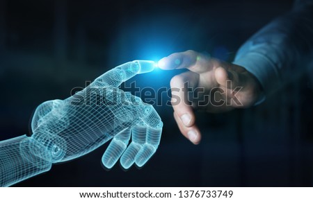 Wireframed Robot hand making contact with human hand on dark background 3D rendering