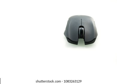Wireless black computer mouse isolated on white background, frontview