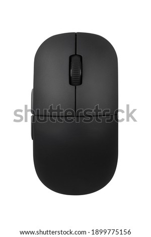 Wireless black computer mouse isolated on white background. Office wireless optical USB mouse