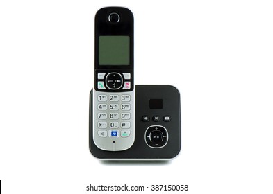 Wireless Black Telephone With Cradle Isolated On White Background