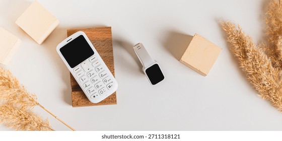 Wireless communication between a dump telephone and a fitness bracelet top view web banner