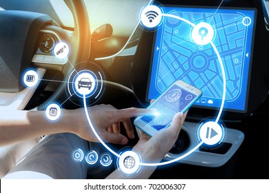 Wireless Communication Between Smart Phone And Car Instrument Panel. Autonomous Car.