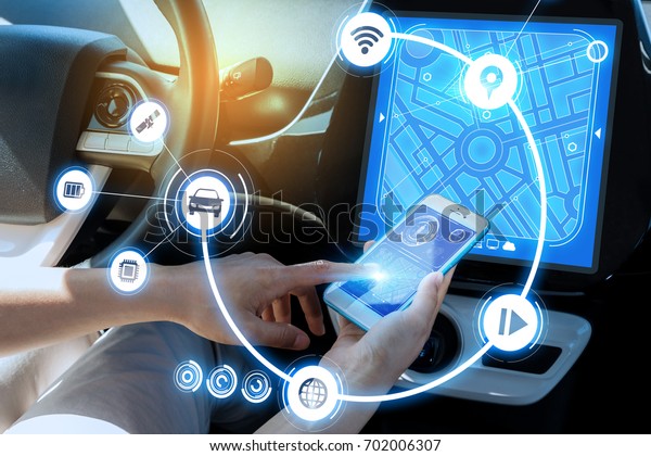 wireless communication between smart\
phone and car instrument panel. autonomous\
car.