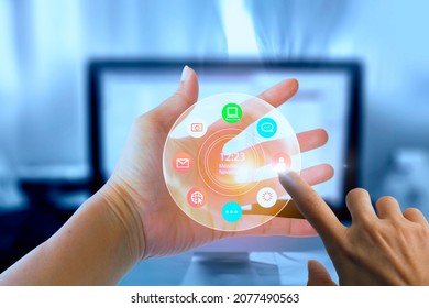 Wireless communication control button data on virtual screen on hand network, cyber security, internet of things and vision future life.