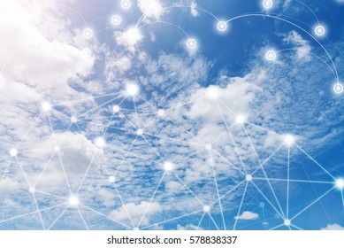 Wireless Communication Network, IoT Internet Of Things And ICT Information Communication Technology Concept. Blue Sky With Cloud In Sunny Day. Connection Background.