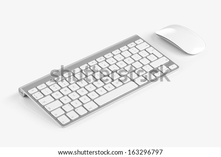 Wireless computer keyboard with the English alphabet and mouse are isolated on white background