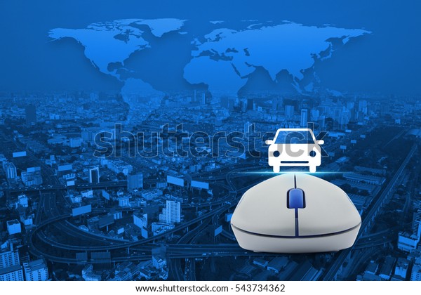 Wireless computer mouse with\
car front view flat icon over city tower, street and expressway,\
Internet service car concept, Elements of this image furnished by\
NASA