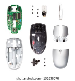 Wireless computer mouse components on white background
