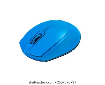 Wireless computer mouse with elegant blue color and minimalist design with scroll wheel isolated on white background. Ideal for office workers, students and home users.