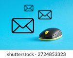 Wireless computer mouse with email icons hovering over it, representing sending and receiving messages