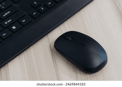 wireless computer mouse and keyboard on office desk, cropped